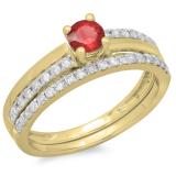 0.75 Carat (ctw) 10K Yellow Gold Round Cut Red Ruby & White Diamond Ladies Bridal Engagement Ring With Matching Band Set 3/4 CT