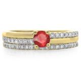 0.75 Carat (ctw) 14K Yellow Gold Round Cut Red Ruby & White Diamond Ladies Bridal Engagement Ring With Matching Band Set 3/4 CT