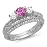 1.05 Carat (ctw) 10K White Gold Round Cut Pink Sapphire & White Diamond Ladies 3 Stone Bridal Engagement Ring With Matching Band Set 1 CT