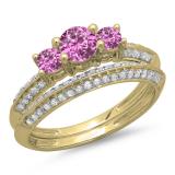 1.05 Carat (ctw) 14K Yellow Gold Round Cut Pink Sapphire & White Diamond Ladies 3 Stone Bridal Engagement Ring With Matching Band Set 1 CT