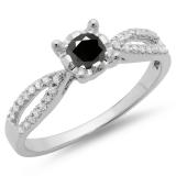 0.50 Carat (ctw) 14K White Gold Round White & Black Diamond Ladies Solitaire With Accents Bridal Split Shank Engagement Ring 1/2 CT