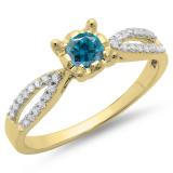 0.50 Carat (ctw) 14K Yellow Gold Round White & Blue Diamond Ladies Solitaire With Accents Bridal Split Shank Engagement Ring 1/2 CT