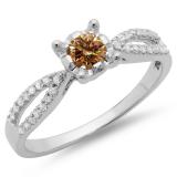 0.50 Carat (ctw) 10K White Gold Round White & Champagne Diamond Ladies Solitaire With Accents Bridal Split Shank Engagement Ring 1/2 CT