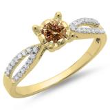 0.50 Carat (ctw) 10K Yellow Gold Round White & Champagne Diamond Ladies Solitaire With Accents Bridal Split Shank Engagement Ring 1/2 CT