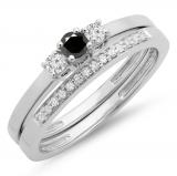0.33 Carat (ctw) 10K White Gold Round Cut White & Black Diamond Ladies Bridal Engagement 3 Stone Ring With Matching Wedding Band Set 1/3 CT