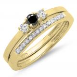 0.33 Carat (ctw) 10K Yellow Gold Round Cut White & Black Diamond Ladies Bridal Engagement 3 Stone Ring With Matching Wedding Band Set 1/3 CT