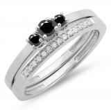 0.33 Carat (ctw) 10K White Gold Round Cut White & Black Diamond Ladies Bridal Engagement 3 Stone Ring With Matching Wedding Band Set 1/3 CT