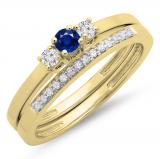 0.33 Carat (ctw) 10K Yellow Gold Round Cut Blue Sapphire & White Diamond Ladies Bridal Engagement 3 Stone Ring With Matching Wedding Band Set 1/3 CT