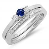 0.33 Carat (ctw) 14K White Gold Round Cut Blue Sapphire & White Diamond Ladies Bridal Engagement 3 Stone Ring With Matching Wedding Band Set 1/3 CT