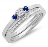 0.33 Carat (ctw) 10K White Gold Round Cut Blue Sapphire & White Diamond Ladies Bridal Engagement 3 Stone Ring With Matching Wedding Band Set 1/3 CT