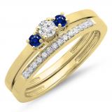 0.33 Carat (ctw) 14K Yellow Gold Round Cut Blue Sapphire & White Diamond Ladies Bridal Engagement 3 Stone Ring With Matching Wedding Band Set 1/3 CT