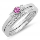 0.33 Carat (ctw) 10K White Gold Round Cut Pink Sapphire & White Diamond Ladies Bridal Engagement 3 Stone Ring With Matching Wedding Band Set 1/3 CT