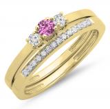 0.33 Carat (ctw) 10K Yellow Gold Round Cut Pink Sapphire & White Diamond Ladies Bridal Engagement 3 Stone Ring With Matching Wedding Band Set 1/3 CT
