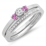 0.33 Carat (ctw) 14K White Gold Round Cut Pink Sapphire & White Diamond Ladies Bridal Engagement 3 Stone Ring With Matching Wedding Band Set 1/3 CT