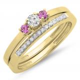 0.33 Carat (ctw) 14K Yellow Gold Round Cut Pink Sapphire & White Diamond Ladies Bridal Engagement 3 Stone Ring With Matching Wedding Band Set 1/3 CT