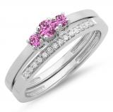 0.33 Carat (ctw) 10K White Gold Round Cut Pink Sapphire & White Diamond Ladies Bridal Engagement 3 Stone Ring With Matching Wedding Band Set 1/3 CT