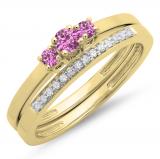 0.33 Carat (ctw) 10K Yellow Gold Round Cut Pink Sapphire & White Diamond Ladies Bridal Engagement 3 Stone Ring With Matching Wedding Band Set 1/3 CT