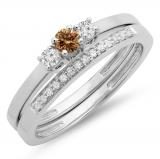 0.33 Carat (ctw) 10K White Gold Round Cut White & Champagne Diamond Ladies Bridal Engagement 3 Stone Ring With Matching Wedding Band Set 1/3 CT