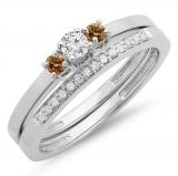0.33 Carat (ctw) 14K White Gold Round Cut White & Champagne Diamond Ladies Bridal Engagement 3 Stone Ring With Matching Wedding Band Set 1/3 CT