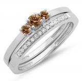 0.33 Carat (ctw) 14K White Gold Round Cut White & Champagne Diamond Ladies Bridal Engagement 3 Stone Ring With Matching Wedding Band Set 1/3 CT