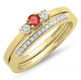 0.33 Carat (ctw) 10K Yellow Gold Round Cut Red Ruby & White Diamond Ladies Bridal Engagement 3 Stone Ring With Matching Wedding Band Set 1/3 CT
