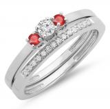 0.33 Carat (ctw) 10K White Gold Round Cut Red Ruby & White Diamond Ladies Bridal Engagement 3 Stone Ring With Matching Wedding Band Set 1/3 CT