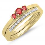 0.33 Carat (ctw) 14K Yellow Gold Round Cut Red Ruby & White Diamond Ladies Bridal Engagement 3 Stone Ring With Matching Wedding Band Set 1/3 CT