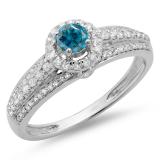 0.75 Carat (ctw) 14K White Gold Round Cut White & Blue Diamond Ladies Bridal Halo Style Engagement Ring 3/4 CT