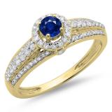 0.75 Carat (ctw) 14K Yellow Gold Round Cut Blue Sapphire & White Diamond Ladies Bridal Halo Style Engagement Ring 3/4 CT