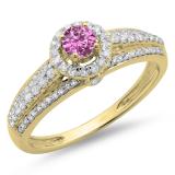 0.75 Carat (ctw) 10K Yellow Gold Round Cut Pink Sapphire & White Diamond Ladies Bridal Halo Style Engagement Ring 3/4 CT