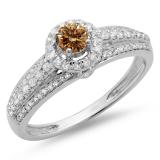 0.75 Carat (ctw) 14K White Gold Round Cut White & Champagne Diamond Ladies Bridal Halo Style Engagement Ring 3/4 CT