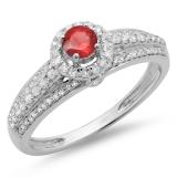 0.75 Carat (ctw) 14K White Gold Round Cut Red Ruby & White Diamond Ladies Bridal Halo Style Engagement Ring 3/4 CT
