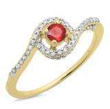 0.50 Carat (ctw) 10K Yellow Gold Round Cut Red Ruby & White Diamond Ladies Twisted Swirl Bridal Halo Engagement Ring 1/2 CT