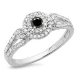 0.60 Carat (ctw) 14K White Gold Round Cut White & Black Diamond Ladies Split Shank Vintage Style Bridal Halo Engagement Ring