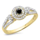 0.60 Carat (ctw) 14K Yellow Gold Round Cut White & Black Diamond Ladies Split Shank Vintage Style Bridal Halo Engagement Ring