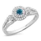 0.60 Carat (ctw) 10K White Gold Round Cut White & Blue Diamond Ladies Split Shank Vintage Style Bridal Halo Engagement Ring