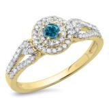 0.60 Carat (ctw) 14K Yellow Gold Round Cut White & Blue Diamond Ladies Split Shank Vintage Style Bridal Halo Engagement Ring