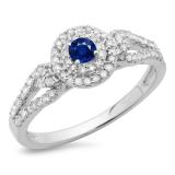 0.60 Carat (ctw) 14K White Gold Round Cut Blue Sapphire & White Diamond Ladies Split Shank Vintage Style Bridal Halo Engagement Ring