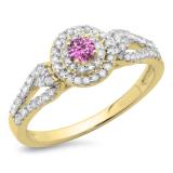 0.60 Carat (ctw) 14K Yellow Gold Round Cut Pink Sapphire & White Diamond Ladies Split Shank Vintage Style Bridal Halo Engagement Ring
