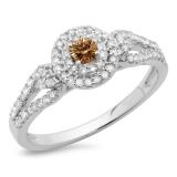 0.60 Carat (ctw) 10K White Gold Round Cut White & Champagne Diamond Ladies Split Shank Vintage Style Bridal Halo Engagement Ring