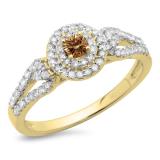 0.60 Carat (ctw) 10K Yellow Gold Round Cut White & Champagne Diamond Ladies Split Shank Vintage Style Bridal Halo Engagement Ring