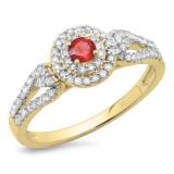0.60 Carat (ctw) 14K Yellow Gold Round Cut Red Ruby & White Diamond Ladies Split Shank Vintage Style Bridal Halo Engagement Ring