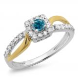 0.55 Carat (ctw) 10K Two Tone Gold Round Cut White & Blue Diamond Ladies Split Shank Bridal Halo Engagement Ring 1/2 CT