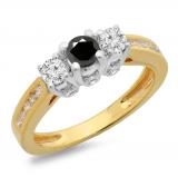 1.00 Carat (ctw) 10K Two Tone Gold Round Cut White & Black Diamond Ladies 3 Stone Bridal Engagement Ring 1 CT