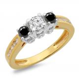 1.00 Carat (ctw) 14K Two Tone Gold Round Cut White & Black Diamond Ladies 3 Stone Bridal Engagement Ring 1 CT