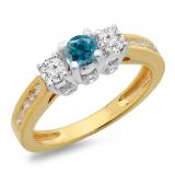 1.00 Carat (ctw) 14K Two Tone Gold Round Cut White & Blue Diamond Ladies 3 Stone Bridal Engagement Ring 1 CT