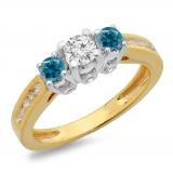1.00 Carat (ctw) 14K Two Tone Gold Round Cut White & Blue Diamond Ladies 3 Stone Bridal Engagement Ring 1 CT