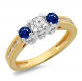 1.00 Carat (ctw) 10K Two Tone Gold Round Cut Blue Sapphire & White Diamond Ladies 3 Stone Bridal Engagement Ring 1 CT