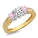 1.00 Carat (ctw) 14K Two Tone Gold Round Cut Pink Sapphire & White Diamond Ladies 3 Stone Bridal Engagement Ring 1 CT