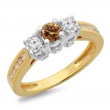1.00 Carat (ctw) 10K Two Tone Gold Round Cut White & Champagne Diamond Ladies 3 Stone Bridal Engagement Ring 1 CT